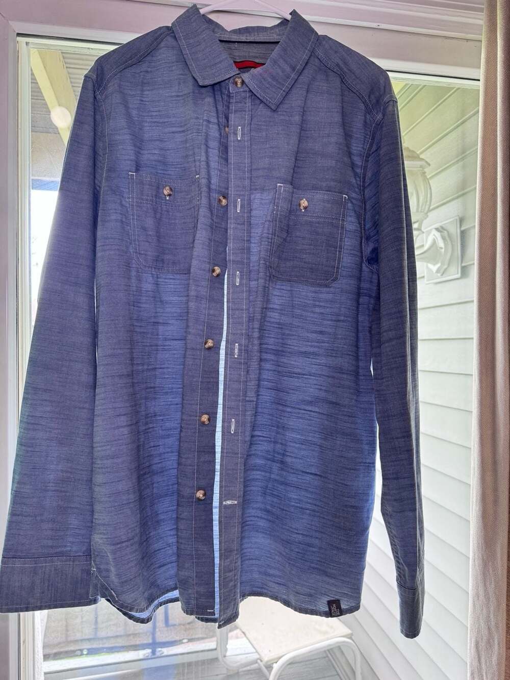 The North Face Men's Blue Long Sleeve Button Down Shirt with Contrast Stitching